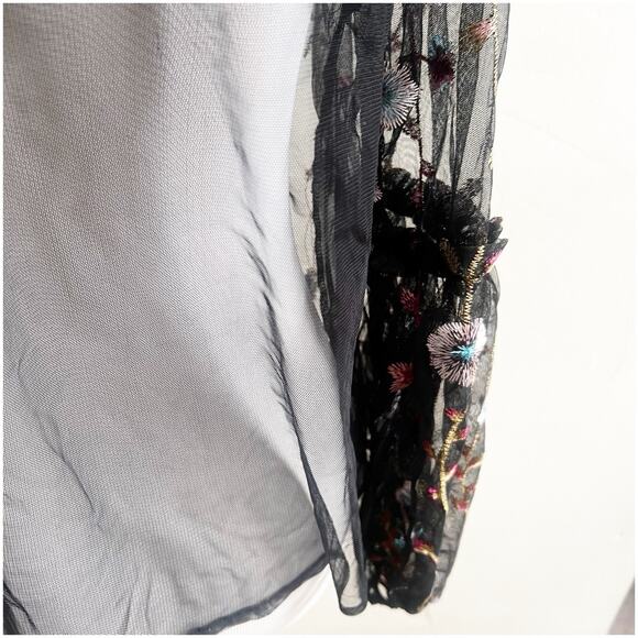 A New Day Sheer Mesh Peasant Top L Black Floral Embroidered Goth Whimsical - Picture 10 of 12